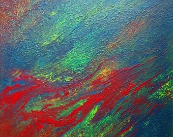 Acrylic Painting Abstract Canvas Art Original Contemporary Art Textured Landscape Blue Green Red Canvas Wall Art 24x24x1,5 60cmx60cmx3,6cm