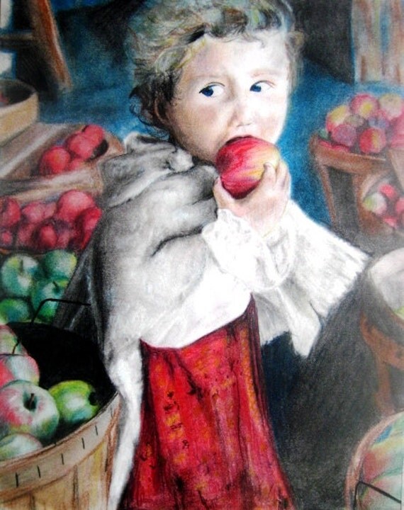 Fall Autumn Art Print Child Eating Apple at Orchard