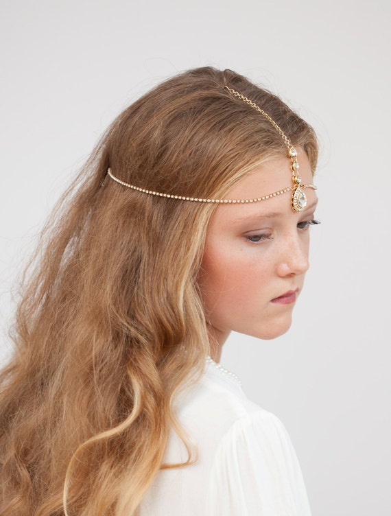 Forehead band Bohemian Bridal Headpiece Gold and crystal