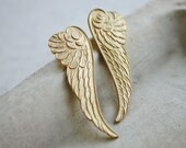 wing earrings, angel wing, bird wing feather, vintage brass, post earrings