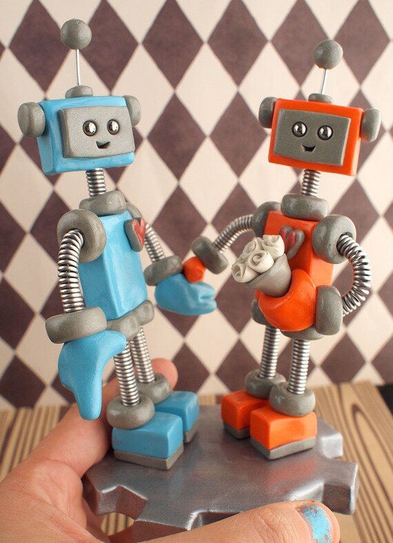 Robot Wedding Cake Topper READY TO SHIP Blue by RobotsAreAwesome
