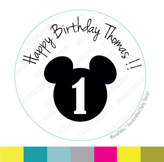Mickey stickers Party Personalized Happy Birthday Name and Age PRINTED round Stickers, tags, Labels or Envelope Seals MariaPalito A726 Il_570xn