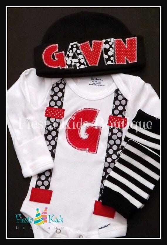 Newborn boy onesie and beanie, baby bodysuit with suspenders, coming home onesie, personalized baby hat Il_570xn