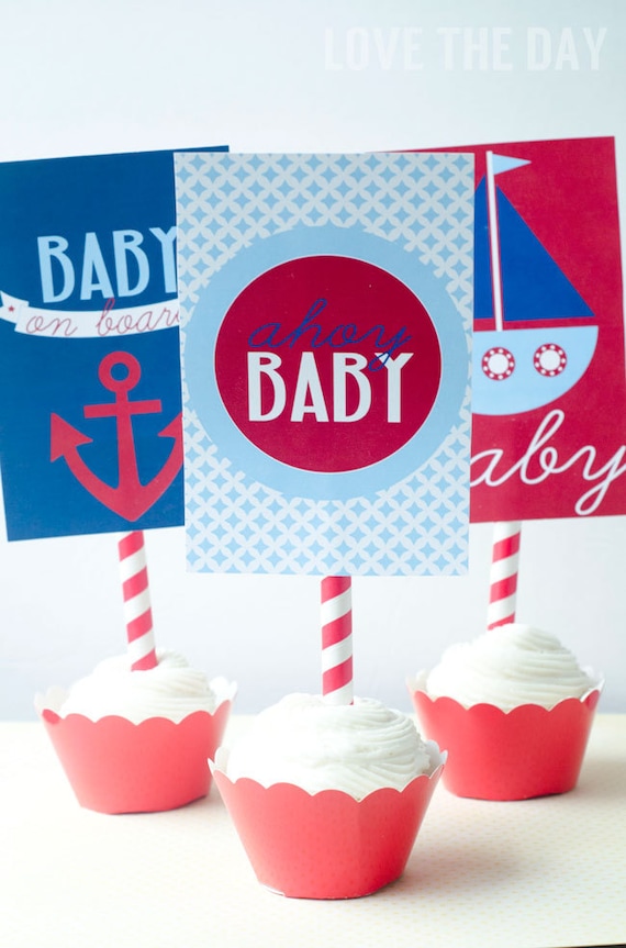 Blue and Red Nautical Baby Shower PRINTABLE 5x7 Party Signs (INSTANT DOWNLOAD) by Love The Day Il_570xn