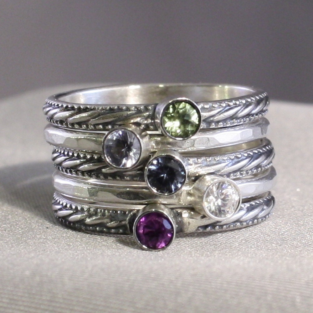 5 Stacking Rings with Birthstones Mother's Rings Family