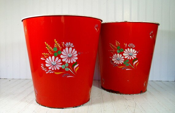 Retro Ransburg Red OverSized Metal Waste Cans Pair by 