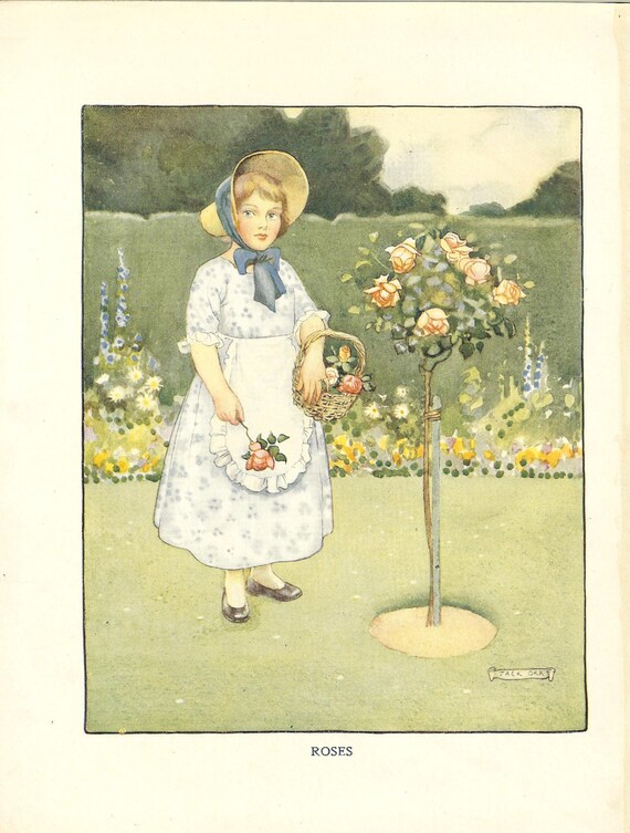 Vintage 1920's Children's Print Young Girl Blue Floral Dress Straw Bonnet Rose Bush Basket Of Roses Book Plate Book Illustration Wall Decor