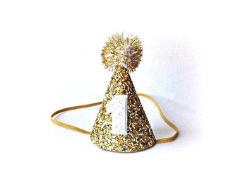 Ready to Ship First Birthday Gold Glitter Party Cone Hat