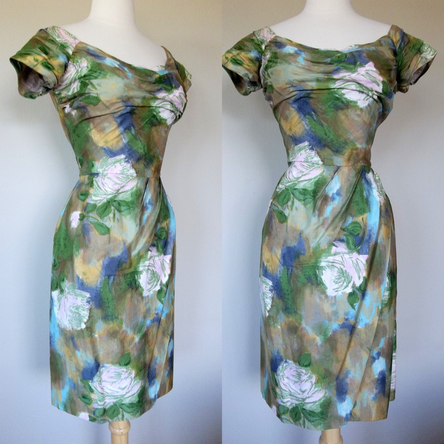 Vintage floral 1950's wiggle dress waist 28 inches
