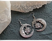 Cute Owl & Moon Antique Silver Double-Sided Charms Dangle Earrings