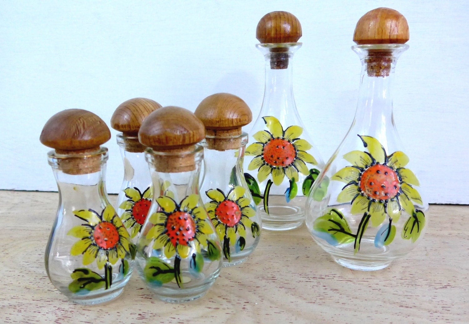 Vintage Glass Cruet Set Mod 6 Piece Flower Power Cruet Set 1970s