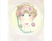 Numbers of the telephone,  Woman watercolor, pink portrait print ,  Rispondere ad un pensiero