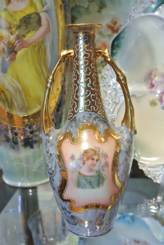 1900s Portrait Vase Porcelain Art Nouveau ES Crown Woman Cottage Chic Romantic Home Decor Pearl Luster Finish Victorian Lady in Green