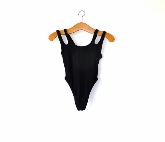 80s Leotard // Speedway Black High Leg Thong by IdaToothVintage