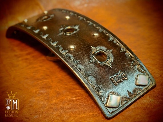 Leather cuff Bracelet Brown Hand Tooled calf lined with spots and diamond snaps Made for YOU in NYC by Freddie Matara