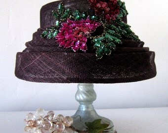 Purple Straw Hat, Purple Hat, Sequin Flowers, Straw Hat, 60's Hat, Kentucky Derby Hat, Summer Straw Hat, Sequin Hat, Floral Hat, fancy hat