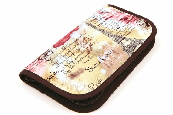 Travel Zip Around Knitting Needle Organizer - April in Paris - brown pockets