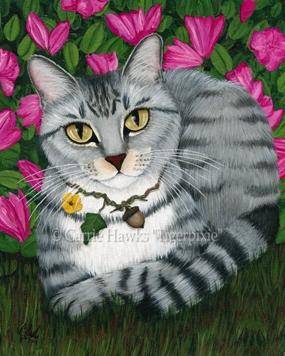 Tabby Cat Garden Azalea Flowers Fantasy Art Limited Edition Canvas Print 11x14