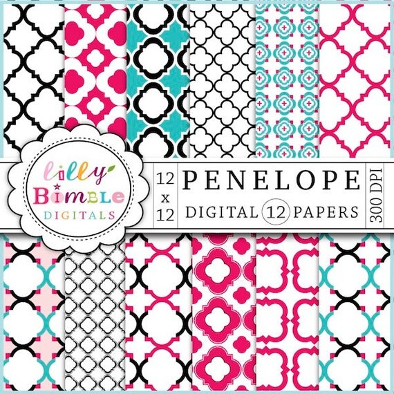 Penelope Papers for scrapbooking, cards, design Quatrefoil pink and turquoise Il_570xn
