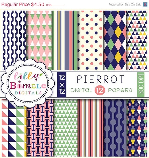50% off Modern digital papers for scrapbooking, cards, crafts, Commercial Use included Instant Download Pierrot Il_570xn