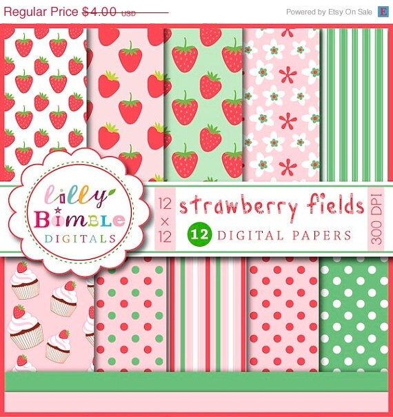 50% off Strawberry digital papers, strawberries, birthday party, scrapbook paper, green, polka dots, INSTANT DOWNLOAD Il_570xn