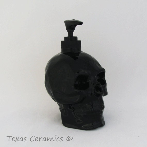 Ceramic Human Skull Pump Dispenser in Black by TexasCeramics
