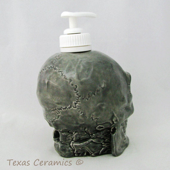 Ceramic Skull Pump Soap Dispenser in Gray Pirate Skull Ware