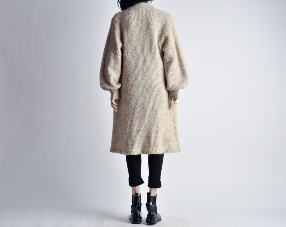 long oatmeal boucle knit sweater coat / cardigan / s / m