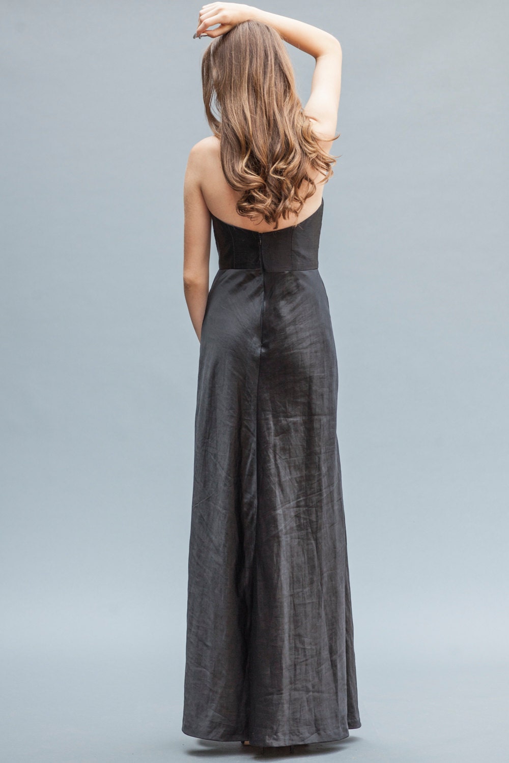 Black Silk Floor Length Gown Black Gown Strapless by ElikaInLove