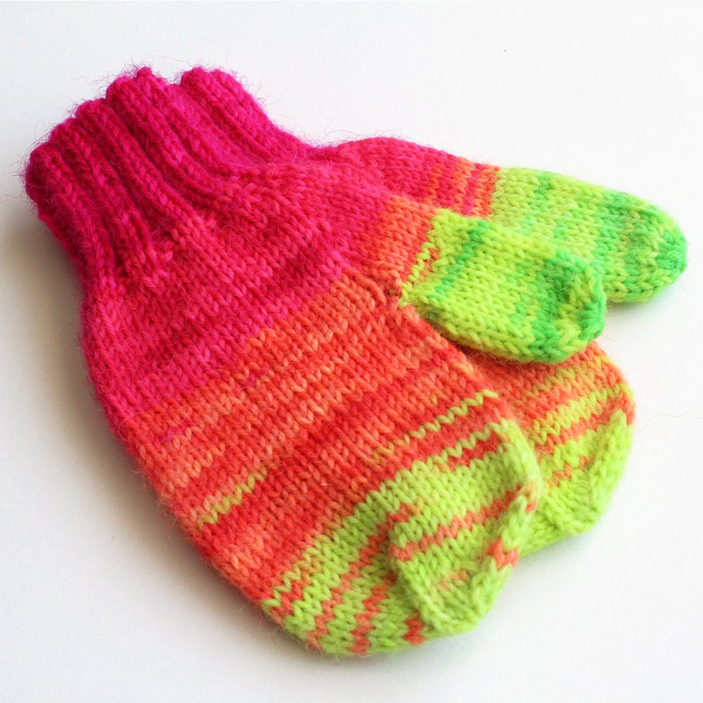 Kids Neon Wool Winter Gloves. Toddler 12 to 18 Months Mitts