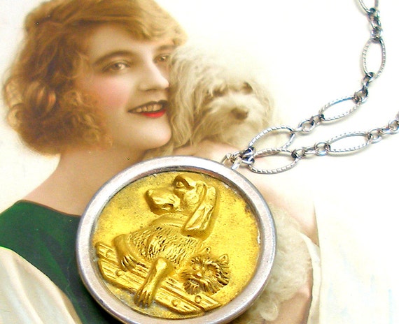 1800s BUTTON necklace, Victorian DOGS on sterling silver, OOAK one of a kind jewellery.
