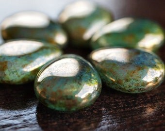 Peridot Bronze Czech Glass Bead 12mm x 16mm Pear Shape Drops - 6 pc