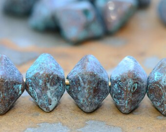 Green Patina 12mm Oxyhedron Greek Ceramic Beads (4)