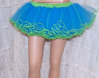 Turquoise Blue and Lime Green Piped Hem Crinoline TuTu Skirt Adult Medium MTCoffinz - Ready to Ship