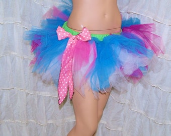 BONANZA Turquoise Blue Pink Polka Dot Bow Trashy Ragged TuTu Skirt Adult Small - MTCoffinz - Ready to ship