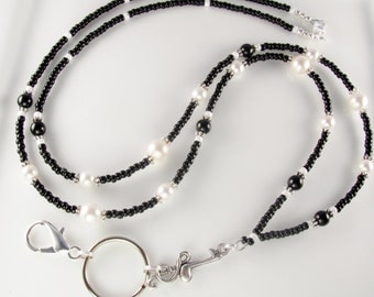 SWEET MUSIC Black and White Glass Pearls Lanyard ID Badge Holder