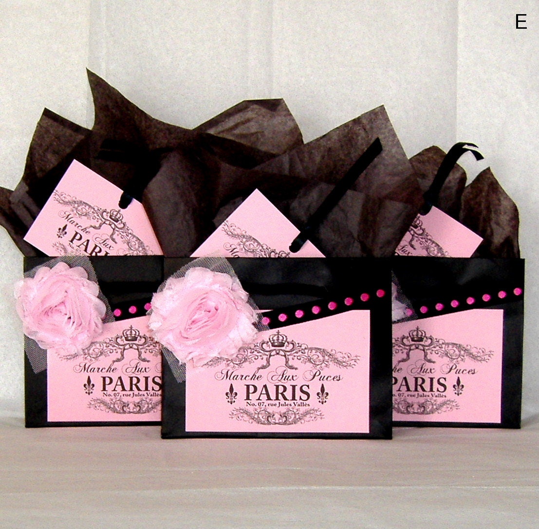 Three Paris Favor Bags Black Paper Gift Bags with Paris Flea