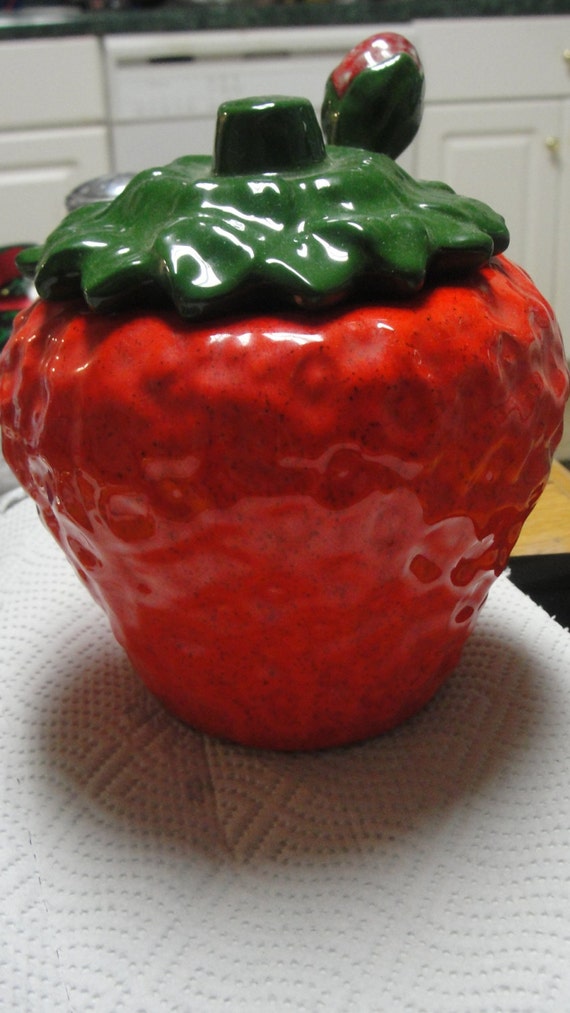 Items similar to Ceramic Strawberry Jar with Spoon on Etsy