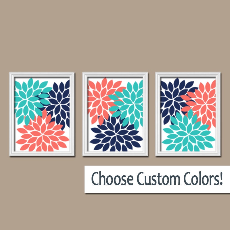 Coral Turquoise Navy Wall Art Bedroom Canvas or Prints