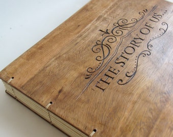 Personalized wedding album Reclaimed wood Photoalbum Hand Carved Woodland