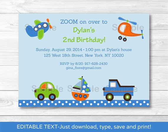 Cute Vehicle Birthday Invitation / Vehicle Birthday Invite / Car Invite / Truck Invite / Airplane Invite / INSTANT DOWNLOAD Editable PDF Il_570xn