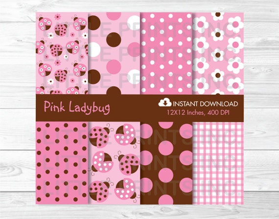 Cute Pink Ladybug Digital Paper / Ladybug Baby Shower / Ladybug Pattern / Pink & Brown / PERSONAL USE Instant Download Il_570xn