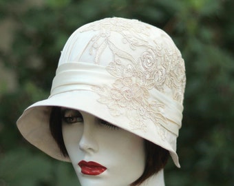 Ivory Lace 1920's Cloche Hat, Vintage Style Wedding,Antique White Lace,Cream Lace