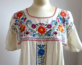 Vintage Cotton Mexican Embroidery Dress Caftan Summer Frida Fiesta