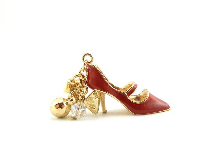 Red Epoxy Gold-tone High Heel with Beads and Tiny Purse and Bow Charms