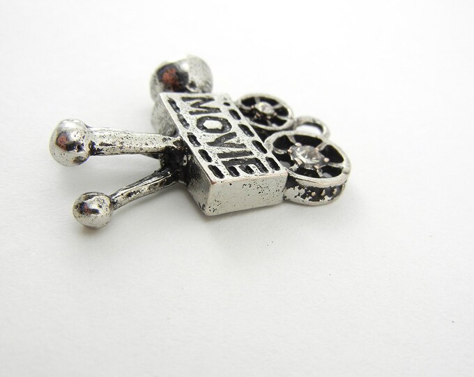 Antique Silver-tone Movie Camera Charm with Rhinestone Accents