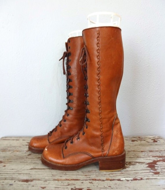Vintage WOODSTOCK Boots / 1960s 1970s Knee High Latch Lace Up