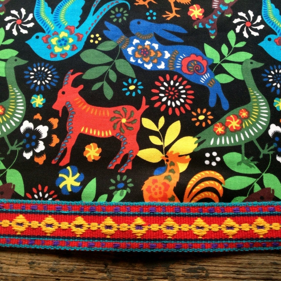 Mexican Otomi Style Tablecloth Vintage Trim Black Red Yellow