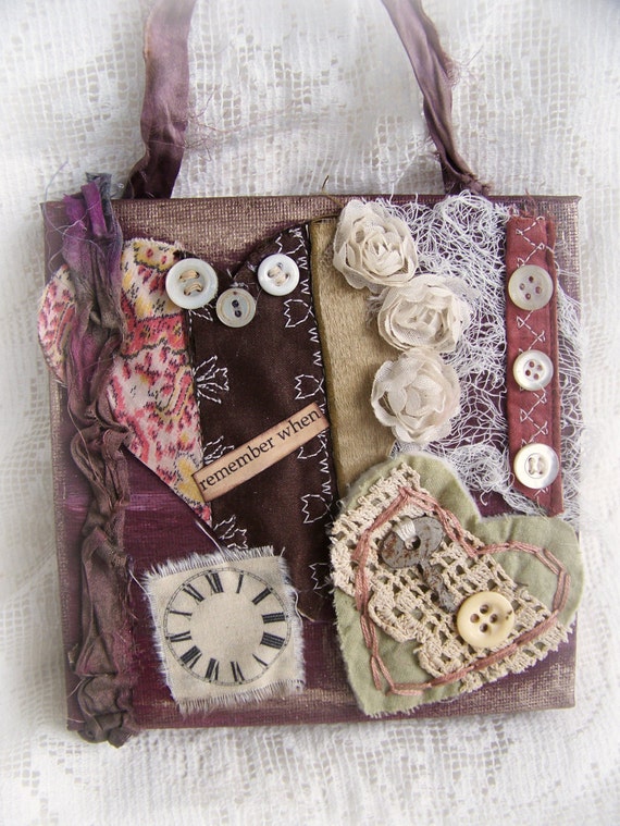 Handmade Fiber Collage Original Mixed Media Collage Vintage  Crazy Quilt Collage Shabby Chic Decor Vintage Quilt   Fabric Collage