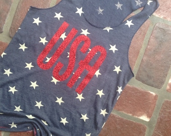 USA Tank Top //Stars Tank Top // American Flag Clothing Red Glitter USA Tank Top Stars and Stripes